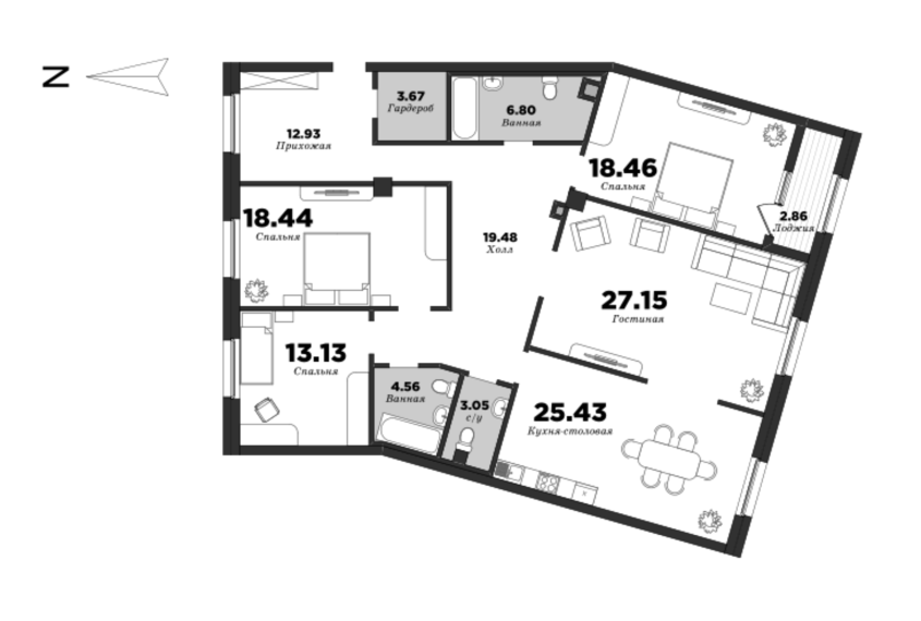 NEVA HAUS, Корпус 1, 4 спальни, 154.53 м² | планировка элитных квартир Санкт-Петербурга | М16